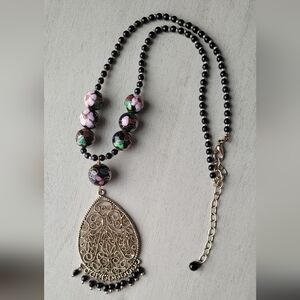 Vintage Signed Graziano Cloisonne Bead Necklace With Filigree Pendant